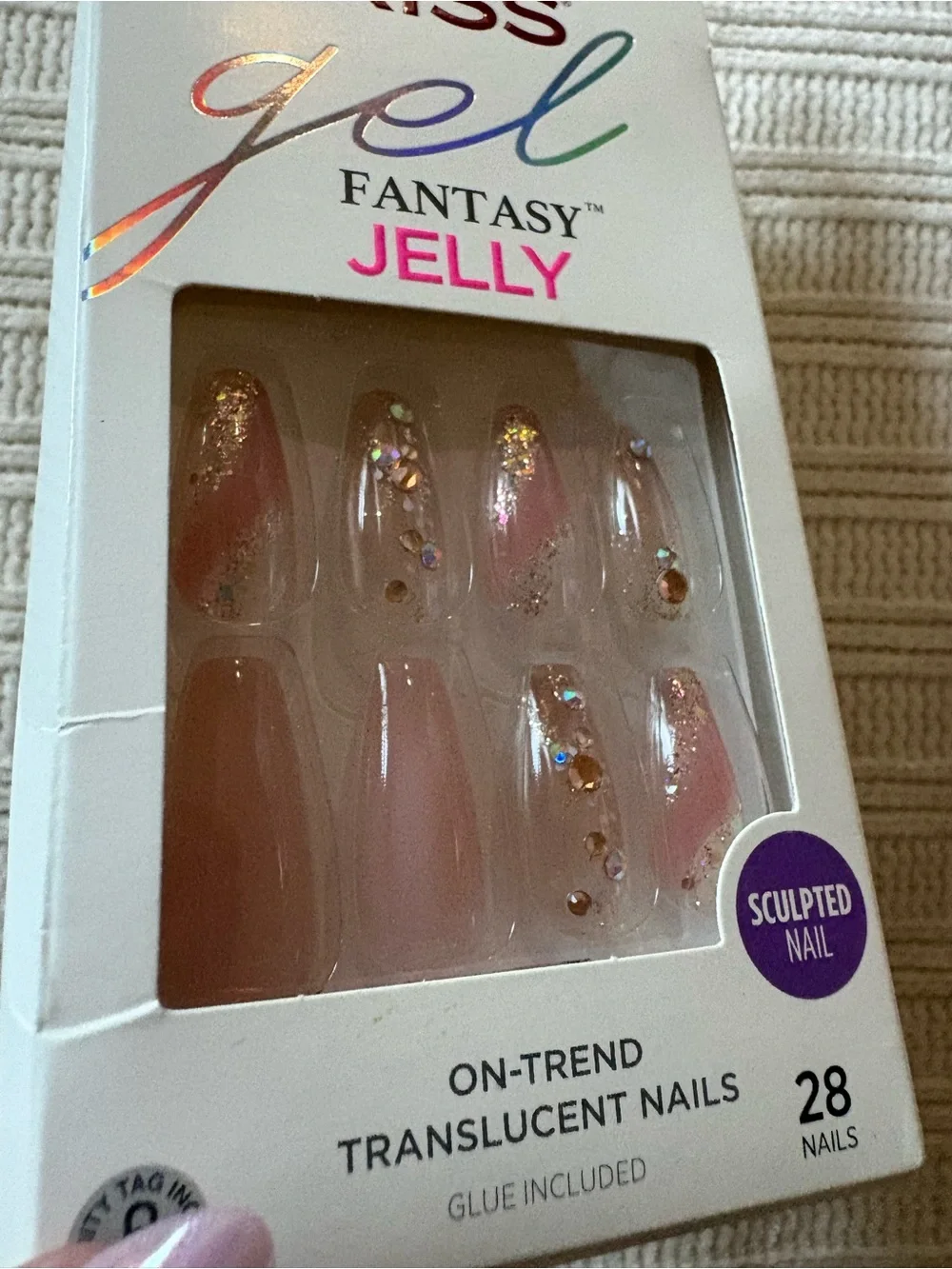 Kiss Gel Fantasy Jelly Translucent Pink Sculpted Press-On Nails with Gems